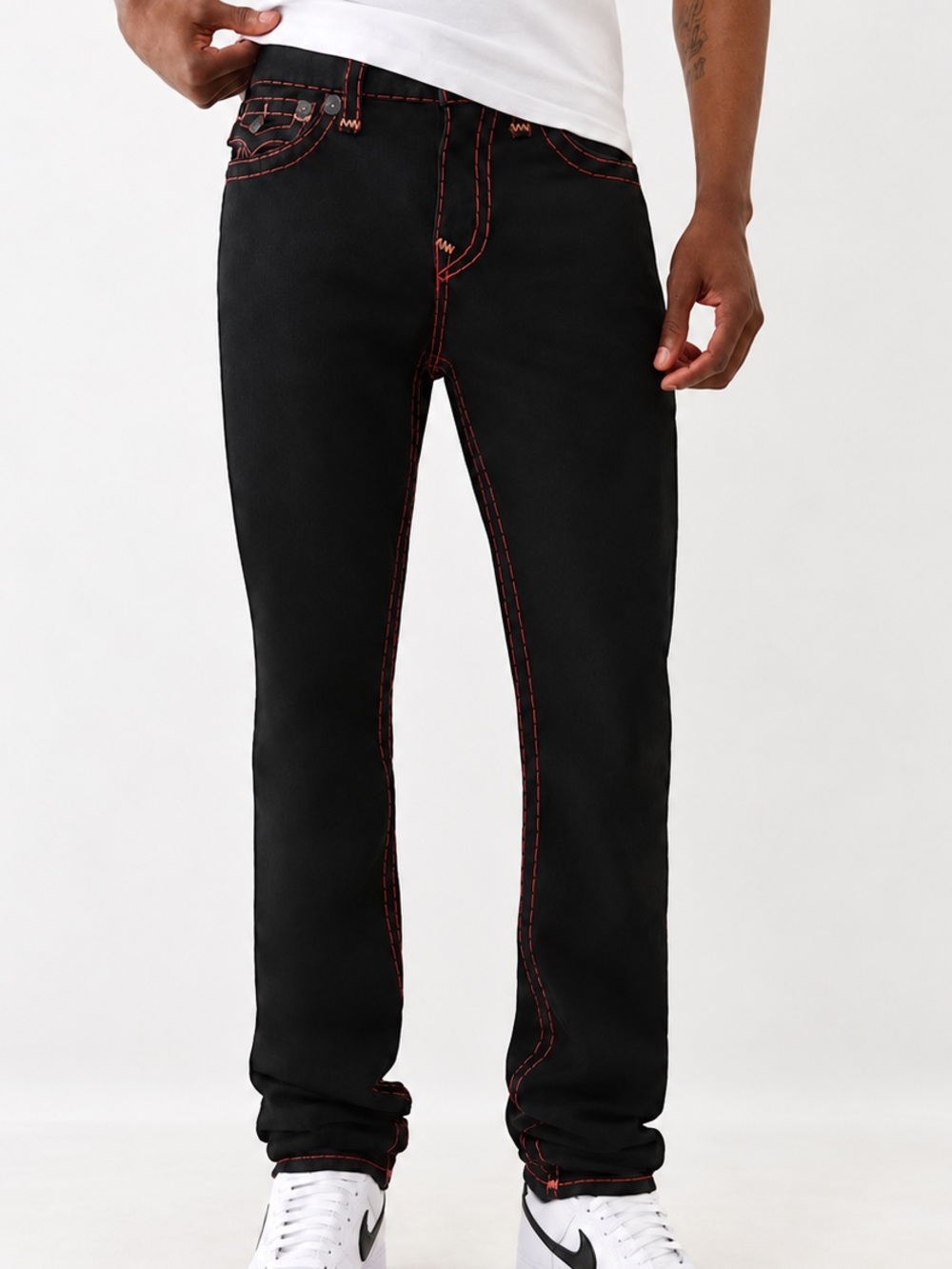 True Religion Rocco Jeans Relaxed Skinny Flap Pocket Black with red Mens 32 x 40
